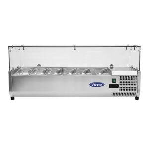 VETRINA REFRIGERATA PER BANCO PIZZA REFRIGERATO PORTA CONDIMENTI CON TECA IN VETRO, CORPO ACCIAIO INOX, CM. 150,5 X 39,5 X 46,5 H MM. CAPACITÀ 6 VASCHETTE DA GN 1/3 MARCA ATOSA MOD.ESL3884-GR